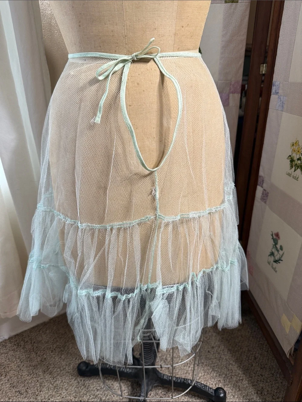 Vintage Aqua Nylon Tulle Petticoat Half Slip 1950s 1960s Heirloom Sewing Netting